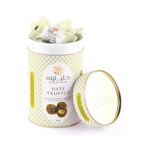 ترافل خرما با مغزکره پسته و روکش پسته حلیتینه 300 گرمی