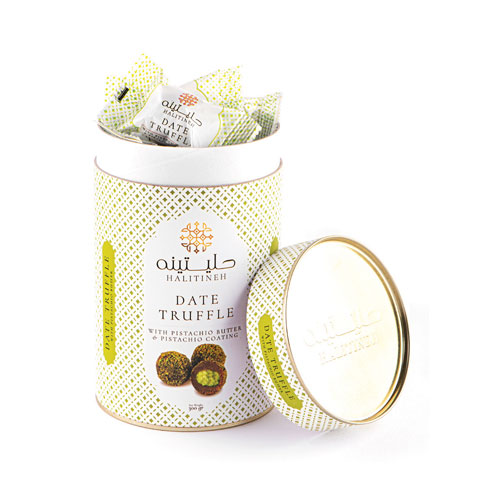 ترافل خرما با مغزکره پسته و روکش پسته حلیتینه 300 گرمی